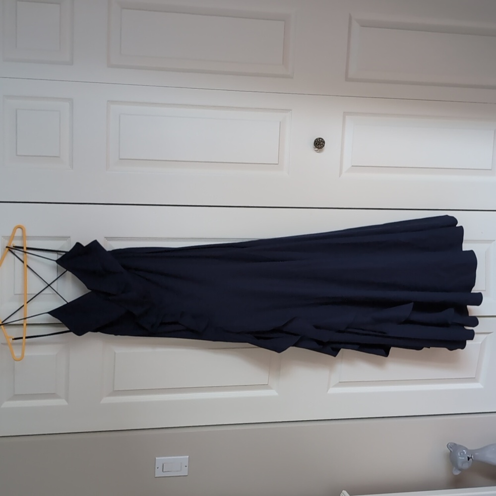 Floor length navy gown with slit